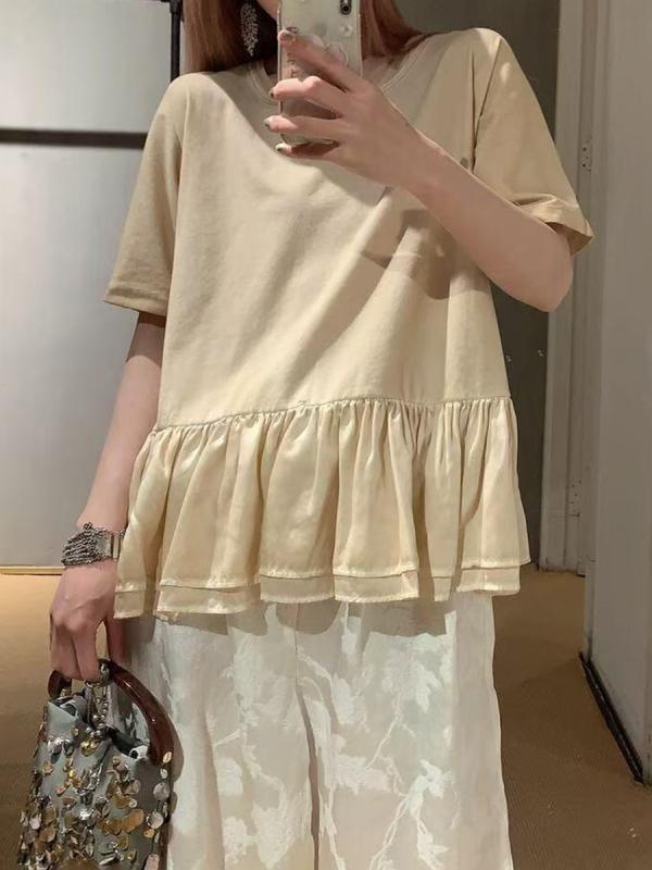 Tシャツ レディース 短袖 無地 レトロ ヴィンテージ フリル 裾 切り替え カジュアル トップス 普段使い