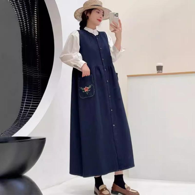 レディース 衣装 ジーンズ ノースリーブ ロング お召しもの レトロ 分かりやすい 丸首 シングル 名取り草 衣嚢 刺しゅう ゆったり 花の冠yd 心地よい 日常使い走り 綿織物 原料品 ビッグ影ぼうし