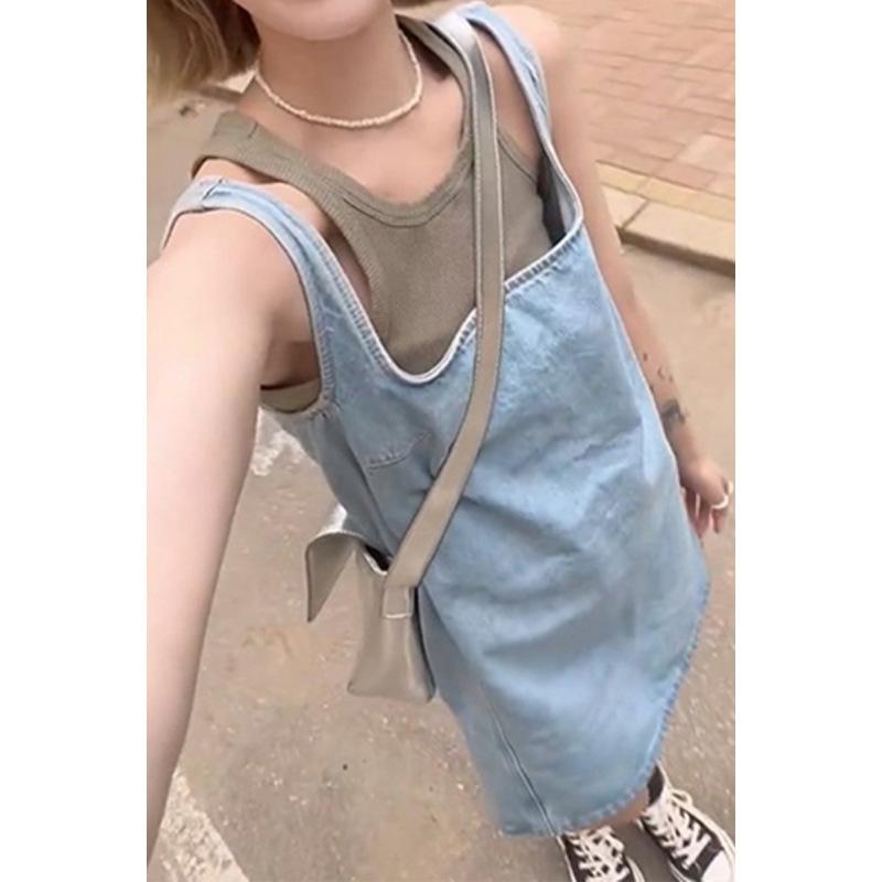 ワンピース レディース デニム タンクトップ 夏 レトロ フランス 小柄対応 若見え セクシー スタイル 軽量 伸縮性 吸湿速乾 ビッグシルエット Vネック ブルー系