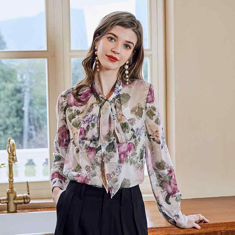 レディース トップ 春夏 Vのど首 シュロの葉 花柄 真地絹 通い用 理知的 今めかしい 御前上等感 光輝 百搭 座標 トップス