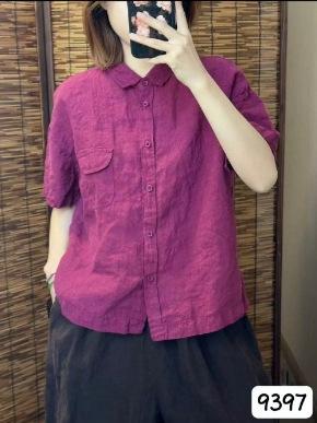 プルオーバー レディース 照明ランプ色合い 開襟 半袖 リネン 夏用 ゆったり影ぼうし レトロ 心地よい 通い 着回し 軽さ 通気性 吸湿速乾 自然的