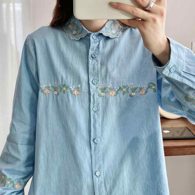 デニム シャツ 女性用 長袖 ルーズフィット ブルー 春 フレンチスタイル レイヤード インナー アウター デザイン 綿素材 普段使い 伸縮性