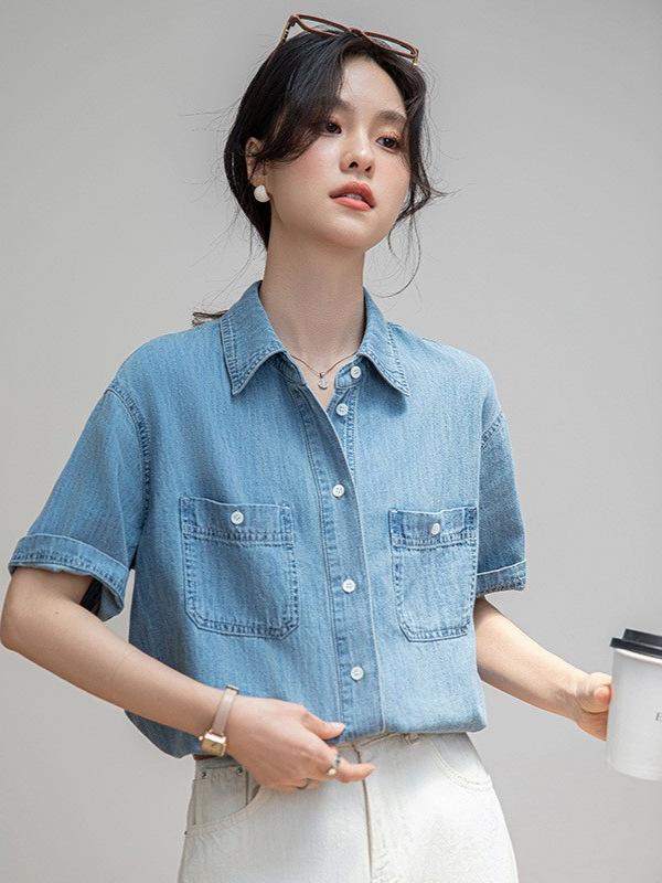 シャツ レディース 短袖 デニム 夏用 薄手 UVカット ブルー デザイン 個性的 トップス カジュアル 軽量 綿混