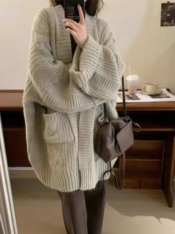 レディース 編み物ジレー レトロ 有線テレビ編み 大ざっぱ糸 秋冬 中長丈 大大きさ アウター 情の籠もった 羊毛調 相応う 心地よい