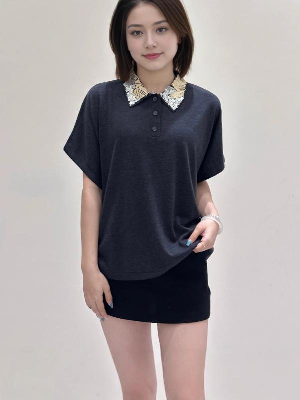 レディース 春夏 短袖 ニット トップス 刺繍 デザイン 襟付き キラキラ ビーズ ゆったり シルエット 大きめサイズ カジュアル 普段使い 軽量 伸縮性