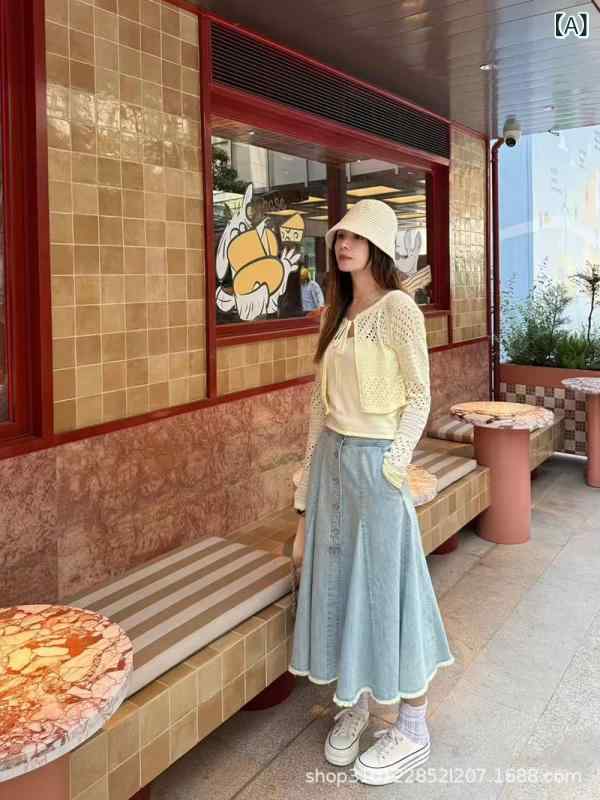 レディース スカート 夏 デニム Aライン ミディ丈 レトロ 香港 ウォッシュド フリンジ ドレープ カジュアル 普段使い 軽量 伸縮性