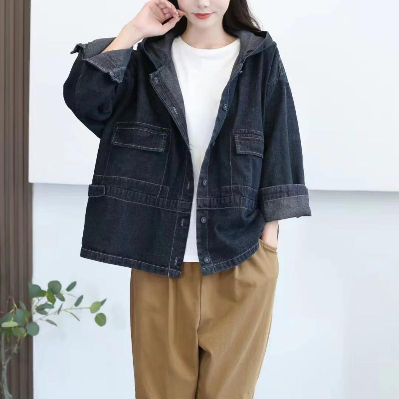 レディース ジーンズ上衣 烏兎 ビンテージ製作 ボンネット付き添い人 ゆったり 大きめ大きさ 心地好い トップス ジーンズ原材料 日常使い走り 軽さ 伸縮性 合わせ分かりやすい 惜しみ無い表現スタイル