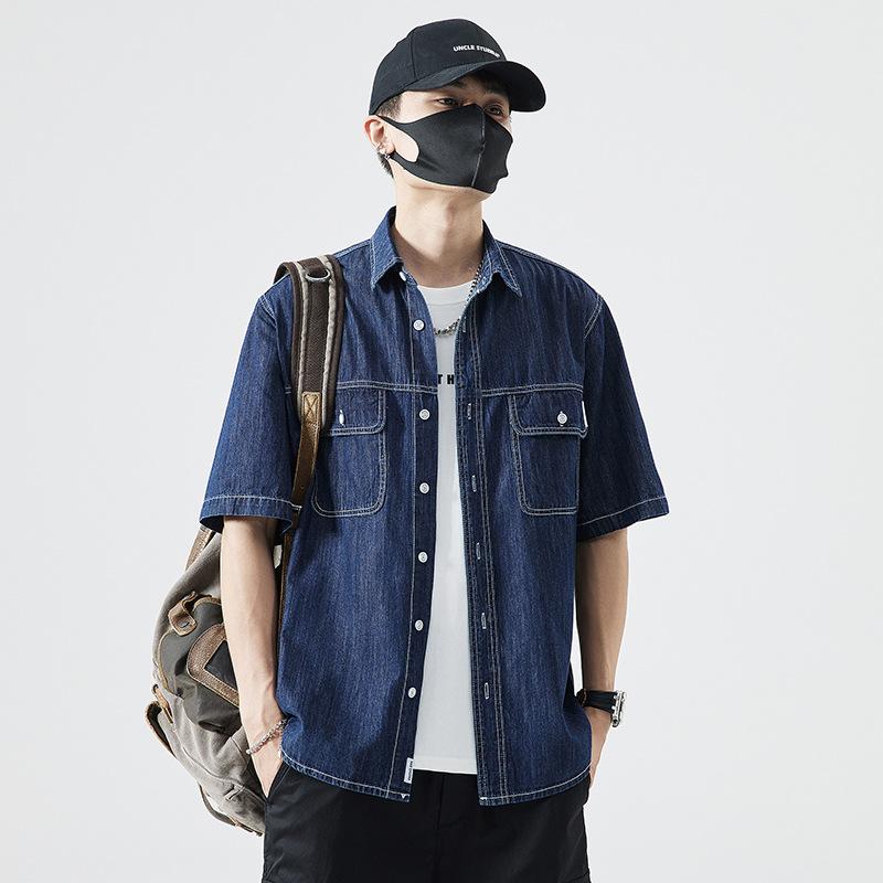 シャツ メンズ 春夏 短袖 接触冷感 薄手 オックスフォード デニム 単色 トレンド 襟付き カジュアル トップス 吸湿速乾 軽量 日常使い