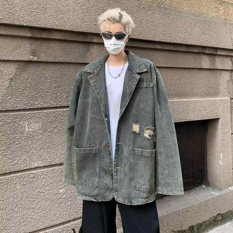 ジャケット メンズ デニム 穴あき ルーズフィット ヴィンテージウォッシュ アメリカンスタイル クール ストリート カジュアル 春秋 通勤 普段使い 伸縮性 綿混 ビッグシルエット ブラック グレー