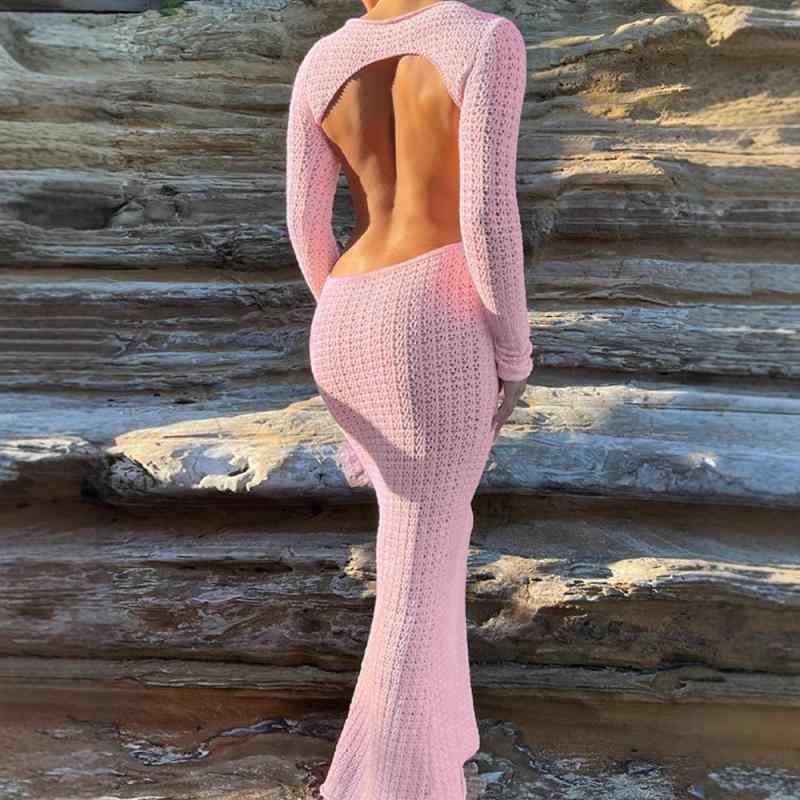 レディース ニット ワンピース セクシー レース 透け 背中開き 長袖 クルーネック ピンク ロングドレス ウール混 伸縮性 日常使い