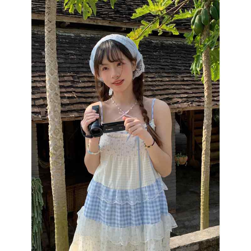 ワンピース レディース 小花柄 切り替え ブルー チェック ストラップ サマー リゾート フェミニン 軽やか デザイン