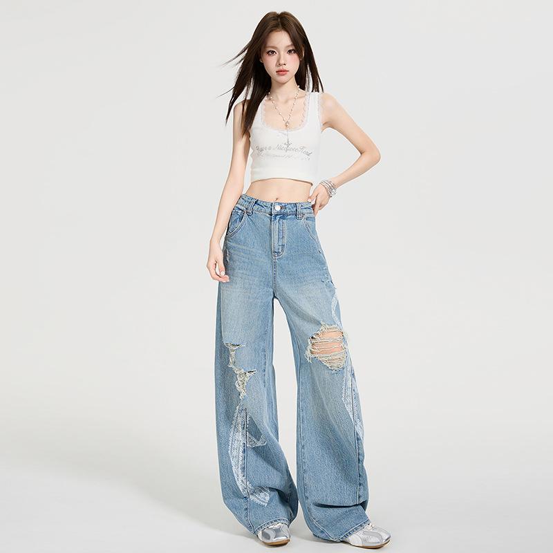 レディース デニムパンツ ライトブルー ワイドレッグ ハイウエスト ストレート 春夏 破れ プリント スリム効果 カジュアル 普段使い 綿素材 軽量