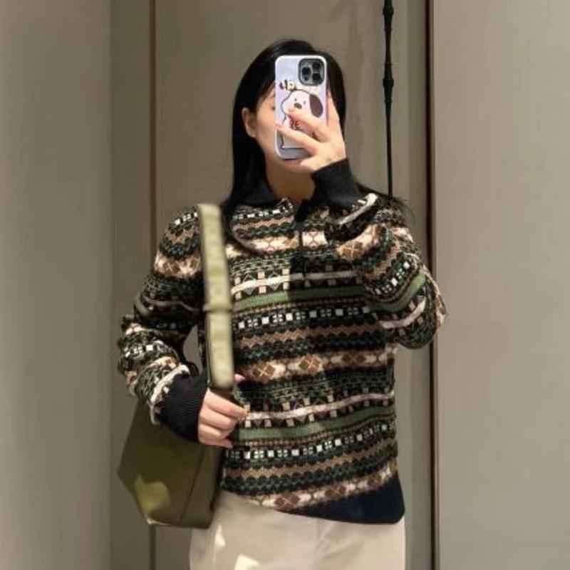 ニットセーター ポロ襟 秋冬 レトロ 英国 フェアアイル柄 柔らかい 肌触り 親肌 暖かみ コットン混 伸縮性 カジュアル 普段使い 通勤対応 コーディネートしやすい トップス