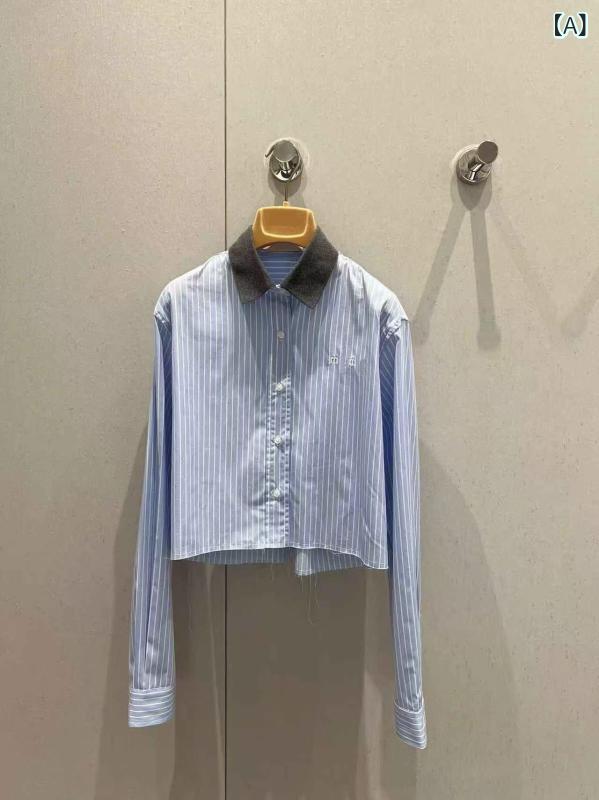レディース 長袖プルオーバー 細縞模様 短丈 襟付き添い人 刺しゅう ロゴタイプ ビンテージ 表現スタイル 心地よい トップス 口さかしい 原料品 普段使い走り 座標