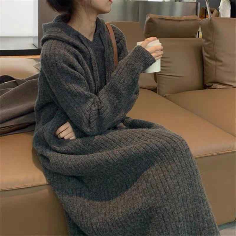 ワンピース レディース 秋冬 フード付き ニット ゆったり スリム ラフ プルオーバー インナー セーター ドレス 暖か 柔らか 伸縮性 膝丈 ロング丈 カジュアル 普段使い