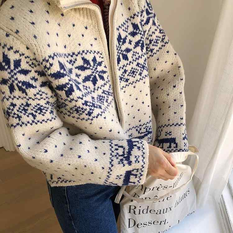 カーディガン レディース ニット レトロ 雪花刺繍 厚手 秋冬 ゆったり ダブルジッパー 暖か 日常使い 万能 コーディネート セーター アウター