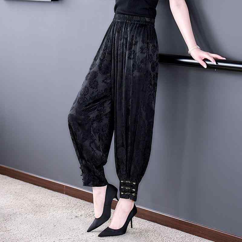 レディース ハーレムパンツ ランタンスタイル 香雲紗 シルク 織り込み柄 ディスクボタン ビッグシルエット 高級感 スタイリッシュ カジュアル 普段使い 9分丈 ゆったりボトムス 軽量素材