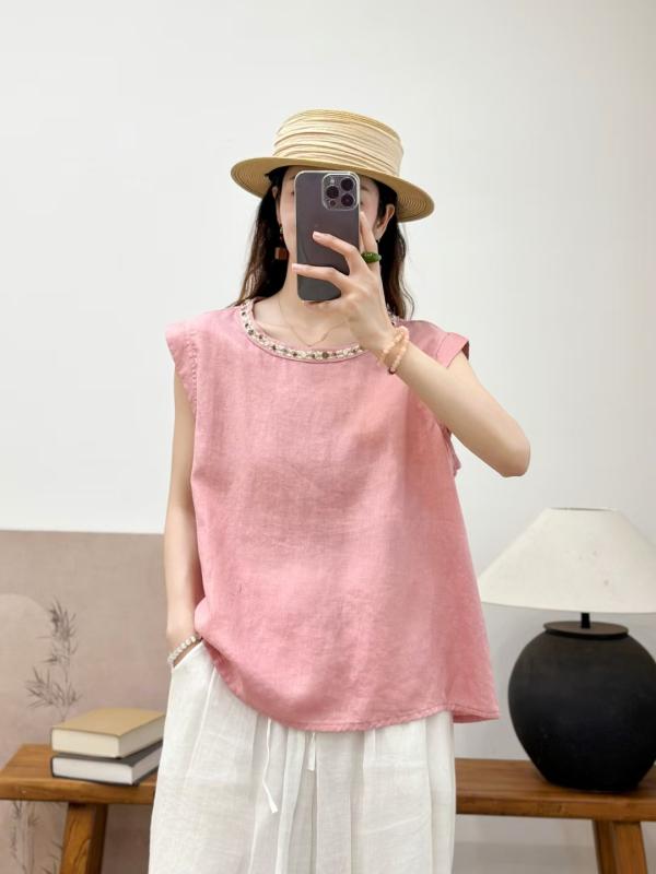 ノースリーブシャツ レディース 夏用 麻素材 ゆったり 無地 トップス プルオーバー 普段使い 通気性 軽量 シンプル スタイリッシュ|北摂軽太郎便