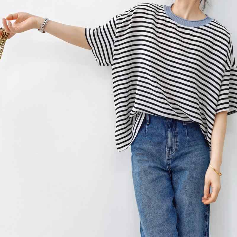 レディース プルオーバー 夏 短袖 労働者の一団のど首 ティーシャツ 絹地 トップス 無色素 細縞模様 刷り上げる 軽さ 吸湿速乾 口さかしい