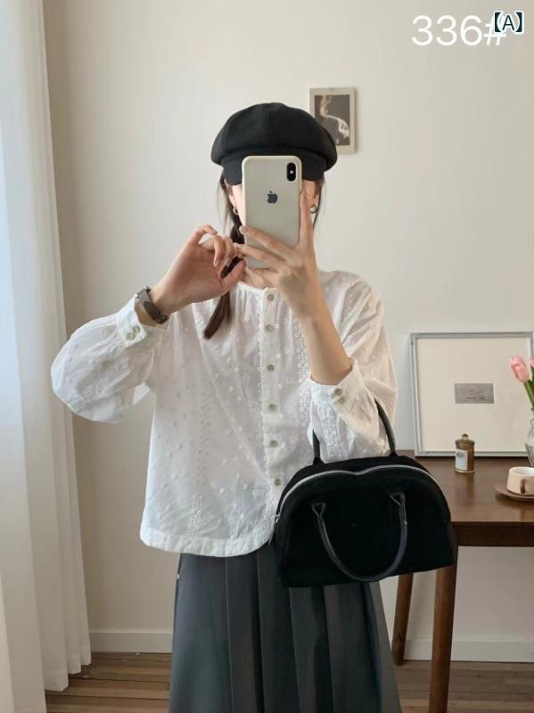 春秋 アーティスティックな フレンチ 長袖 シャツ ショート 丈 カーブ した 裾 重厚な 刺繍が 施 レディース