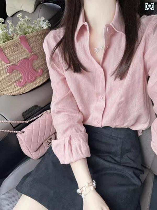 ピンクの ポロ カラーの 軽やかな 大人 秋 用 女性 シャツ 軽くて 高級 感が あり 年齢を 軽減 する スタイリッシュで フレグランスの ある A 3205