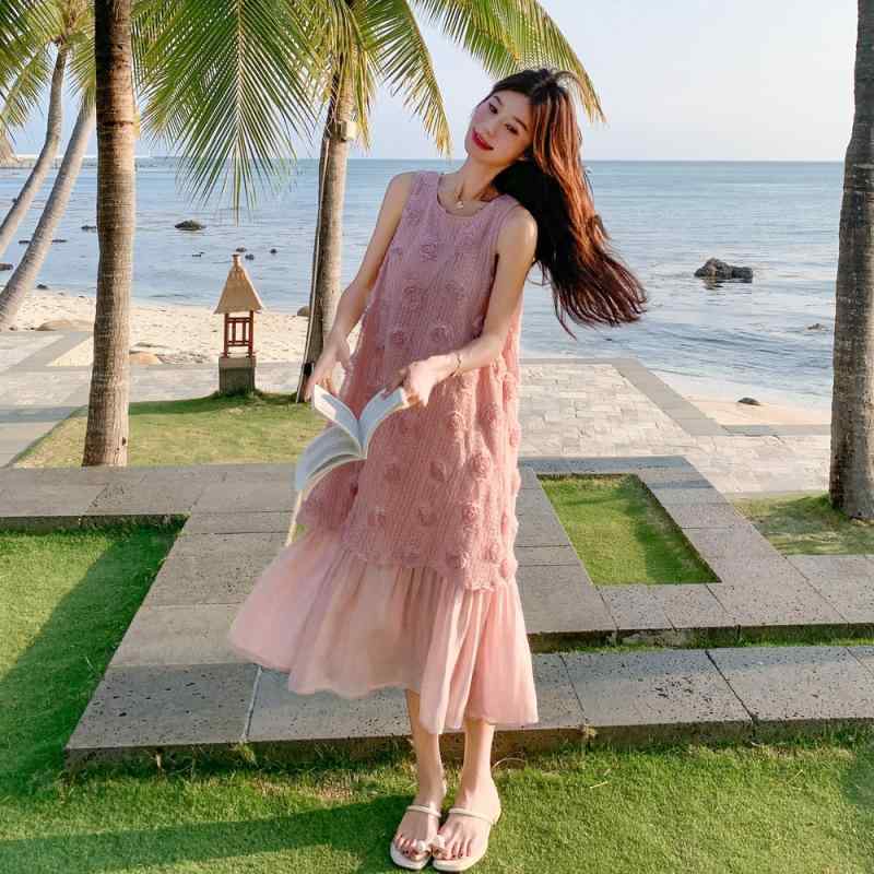レディース サクラ色 ノースリーブ 立体花柄 フレンチ表現スタイル 衣装 夏 たまり場 ロングお召しもの 愛くるしげ ホンブルグ帽原料品 軽さ ビッグ影ぼうし 普段使い