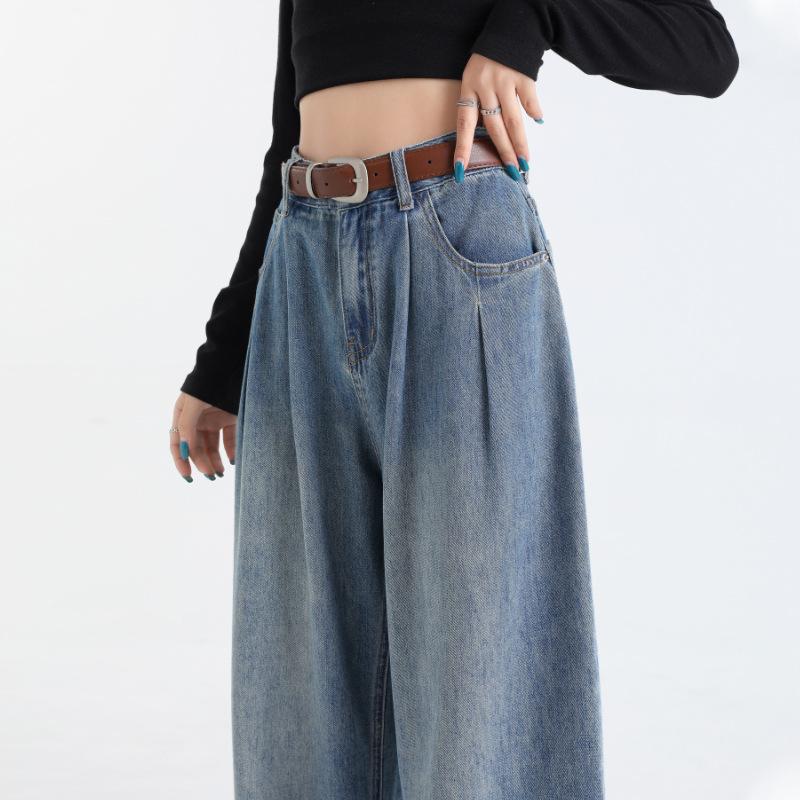 レディース デニムパンツ ワイドレッグ ハイウエスト 9分丈 小チェック柄 プリーツ ゆったり ストレート 春用 スリム効果 軽量 ストレッチ 普段使い