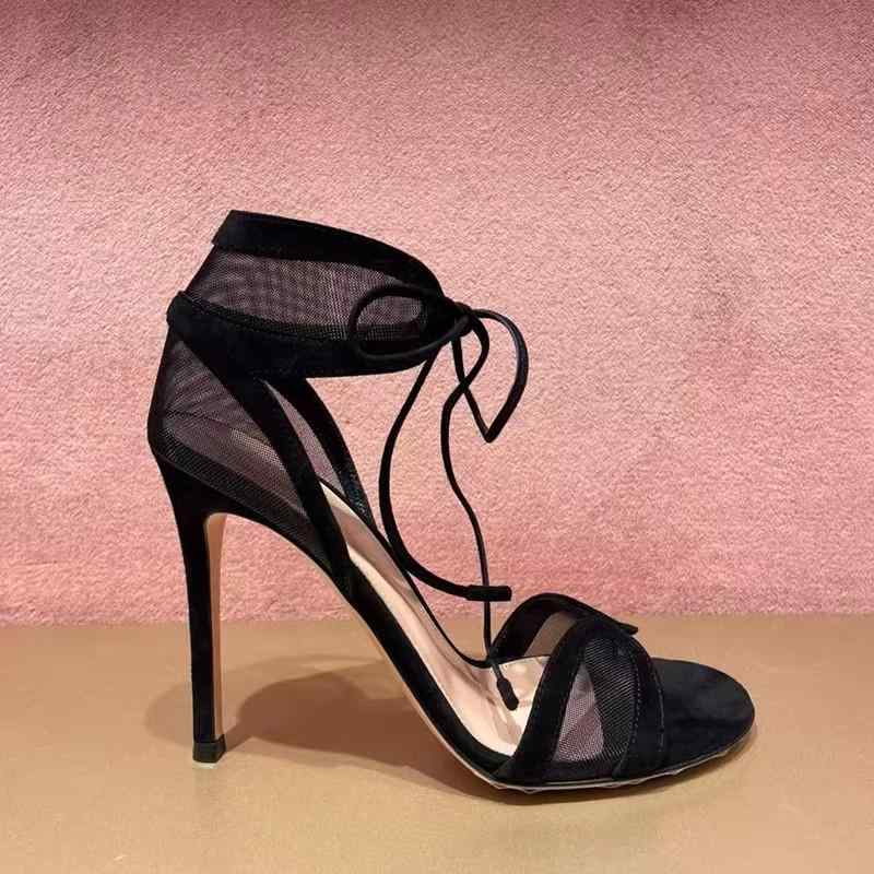 レディース 夏 セクシー レース メッシュ 通気性 シングルストラップ オープントゥ 細ヒール アンクルタイ ハイヒール サンダル