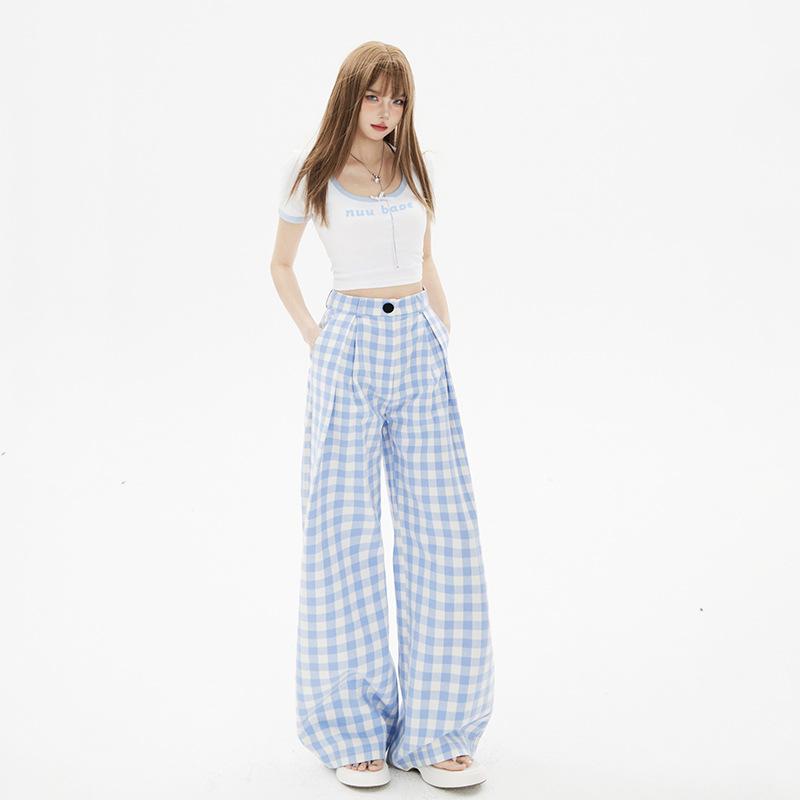 パンツ レディース レトロ ハイウエスト ワイドレッグ チェック柄 ゆったり リラックス カジュアル 普段使い 春夏 ボトムス スリムシルエット