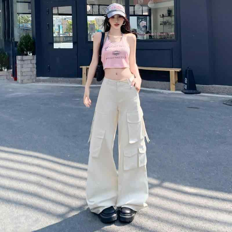 レディース カーゴパンツ ワイドレッグ ゆったり ストレート アメリカンスタイル カジュアル ルーズフィット デザイン 普段使い アウトドア ボトムス