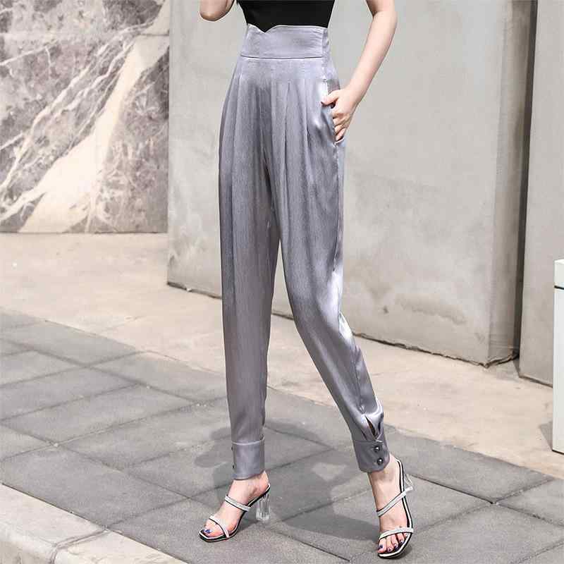 レディース 夏用 ハーレムパンツ ハイウエスト 9分丈 ルーズ カロットパンツ サテン生地 薄手 軽量 ゆったり フィット カジュアル ボトムス