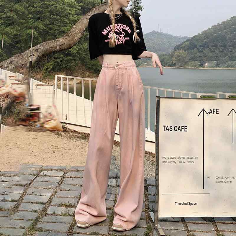 レディース 夏用 デニムパンツ レトロ ワイドレッグ ハイウエスト ストレート ルーズ プリーツ 細見え 再生繊維 ストレッチ 通勤 普段使い カジュアル