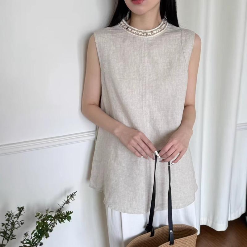 レディース ノースリーブ トップ 100%リネン 夏用 花柄 ビーズ刺しゅう  軽さ 通気性 吸湿速乾 トップス