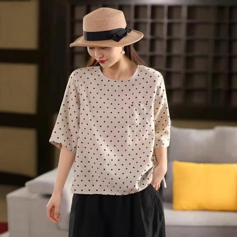 レディース 夏用 ポルカドット柄 リネン 短袖 Tシャツ ゆったり シルエット カジュアル トップス プルオーバー シャツ 軽量 吸湿速乾 普段使い