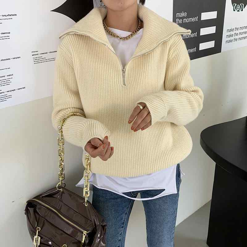 ニットセーター レディース 秋冬 ジッパー付き ゆったり デザイン ユニーク トップス 暖かみ レイヤード カジュアル スタイリッシュ ニット生地