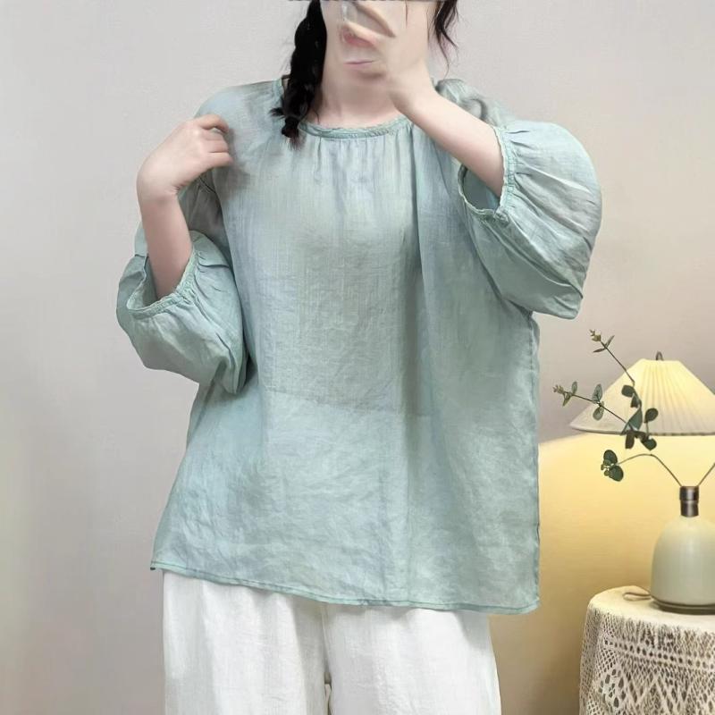 レディース 夏用 Tシャツ ゆったり シンプル 麻素材 クルーネック 切り替え レース 七分袖 プルオーバー トップス 通気性 軽量 合わせやすい カジュアル 普段使い
