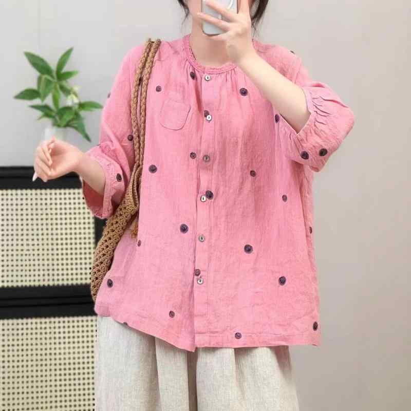 レディース シャツ 夏用 ボヘミアン リネン 刺繍 レース 丸首 ゆったり 七分袖 通気性 吸湿速乾 軽量 カジュアル 日常使い