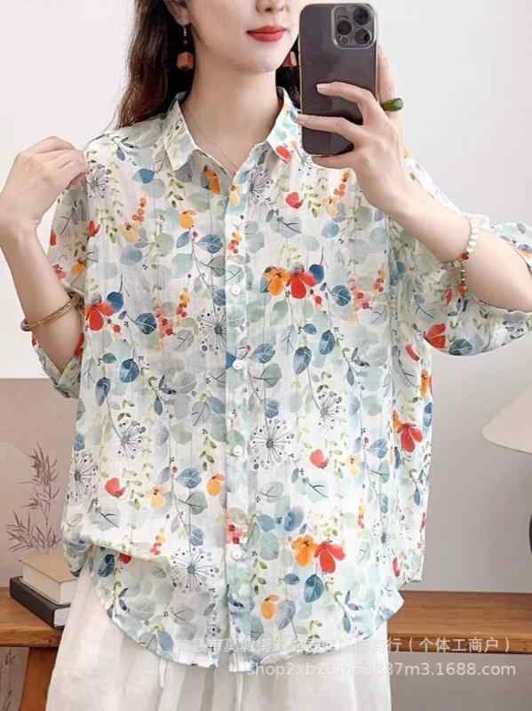 トップ レディース 薄っぺら リネン フレンチ表現スタイル 花柄 刷り上げる 夏用 口さかしい 通気性 吸湿速乾 心地好い トップス 軽さ 日常使い走り