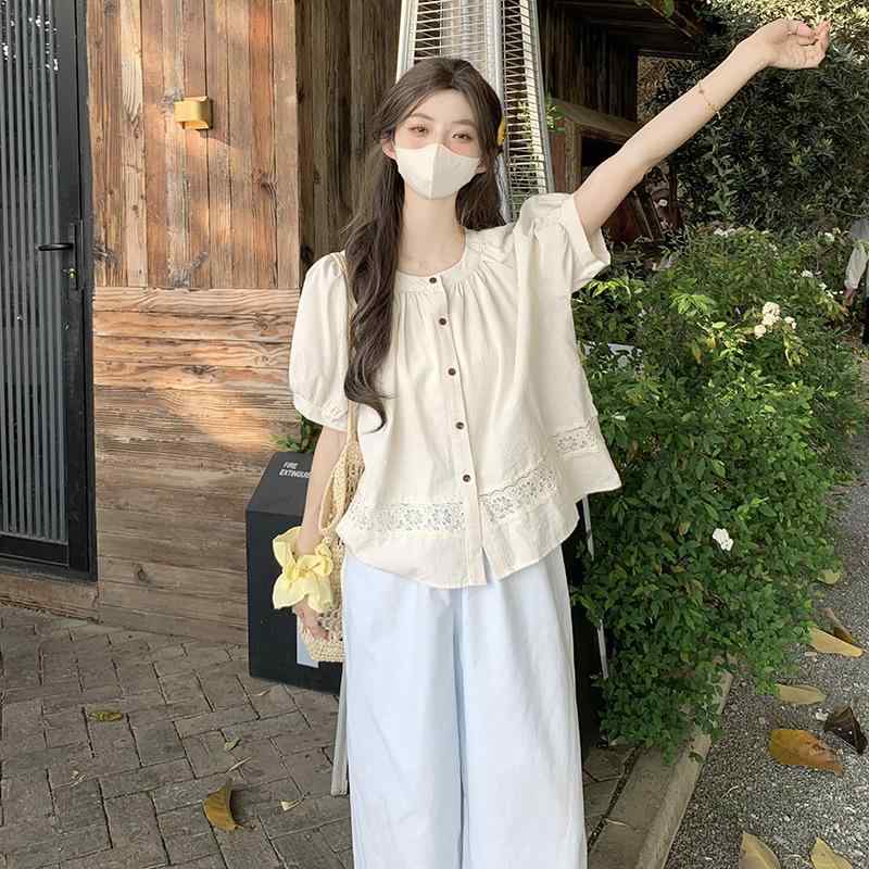 レディース フレンチスタイル パフスリーブ リネン ブラウス 夏用 短袖 ショート丈 トップス カジュアル 軽量 吸湿速乾 普段使い