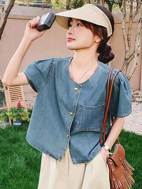 レディース デニム シャツ レトロ ゆったり クルーネック ショート丈 夏 カジュアル 普段使い トップス コットン 混 軽量 吸湿速乾