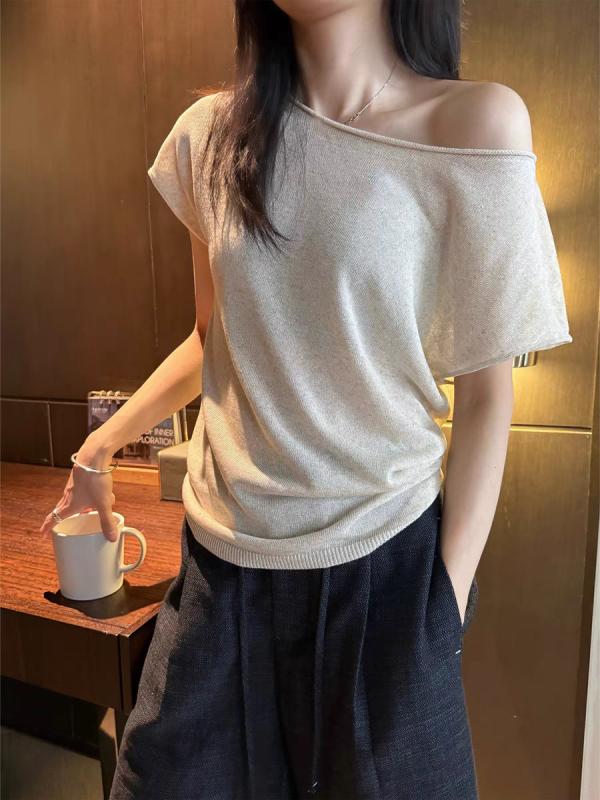 レディース 夏用 オフショルダー ニット Tシャツ リネン 素材 ロールエッジ 斜め肩 軽量 吸湿速乾 カジュアル トップス 普段使い 涼しい デザイン