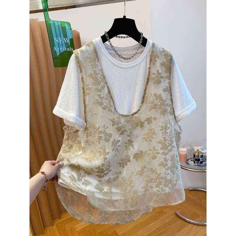 レディース トップス レース チュール ベスト 半袖 Tシャツ 2点セット 夏 ゆったり スタイリッシュ カジュアル 軽量 吸湿速乾 ブラック ピンク系 アイボリー