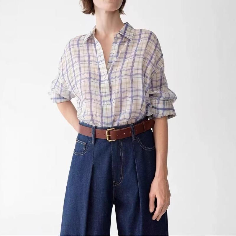 レディース 夏 ラミー ブラウス 軽量 通気性 ゆったりシルエット ボヘミアン チェック柄 トップス 普段使い 吸湿速乾 薄手 コーディネートしやすい