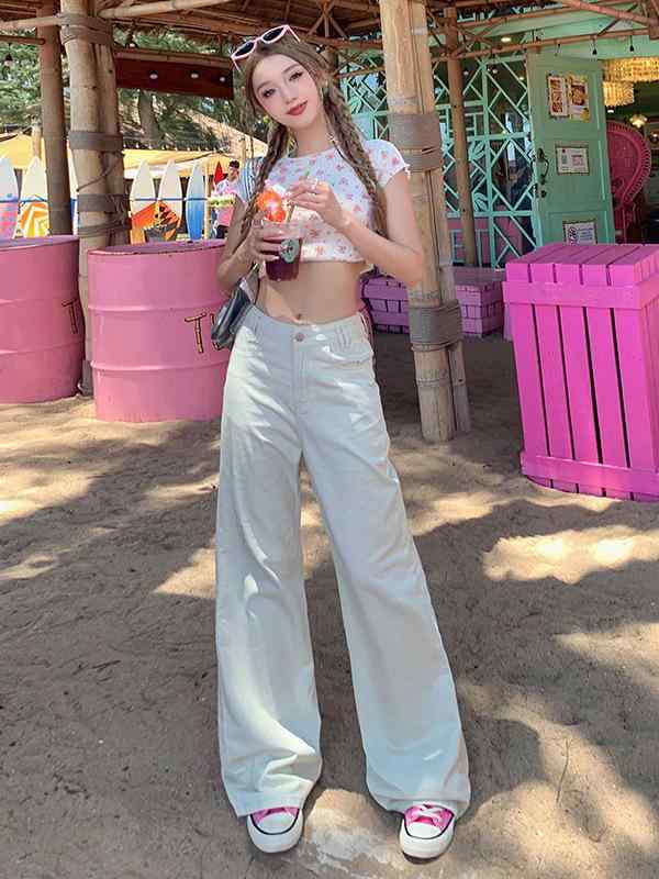 レディース ハイウエスト ストレート デニムパンツ ロング丈 スリム 質感 シンプル デザイン 淡いピンク ホワイト カジュアル 普段使い ストレッチ 素材