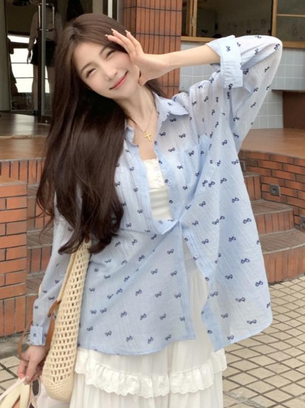 ブラウス レディース 長袖 小花柄 リボン カジュアル ゆったり 薄手 UVカット 防紫外線 夏用 外出着 日常使い 軽量 通気性