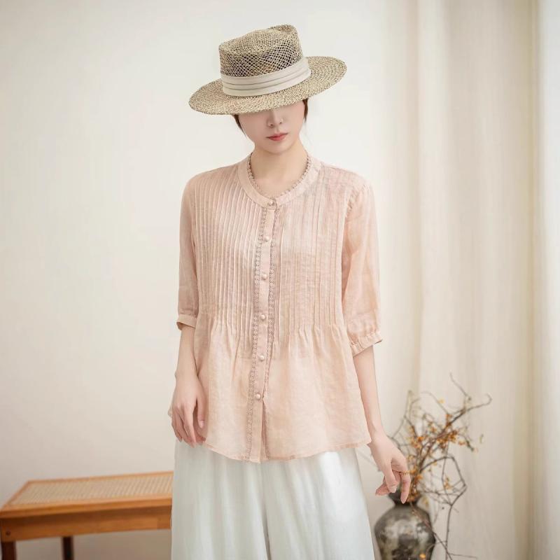 レディース 夏 プリーツ 薄手 麻 ブラウス 単色 レース ハーフスリーブ ラウンドネック フェミニン トップス 軽量 通勤 普段使い｜北摂軽太郎便
