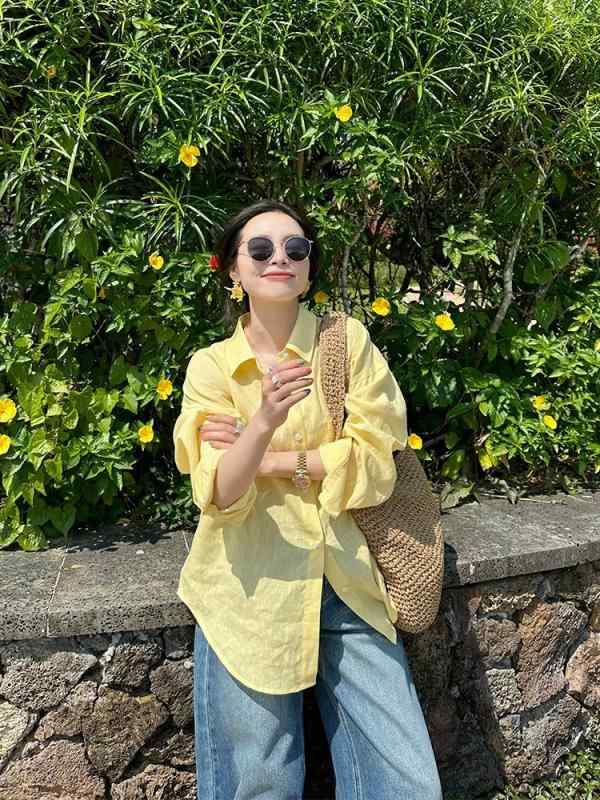 レディース リネン シャツ イエロー 春夏 薄手 UVカット 麻素材 通気性 軽量 普段使い カジュアル トップス 吸湿速乾