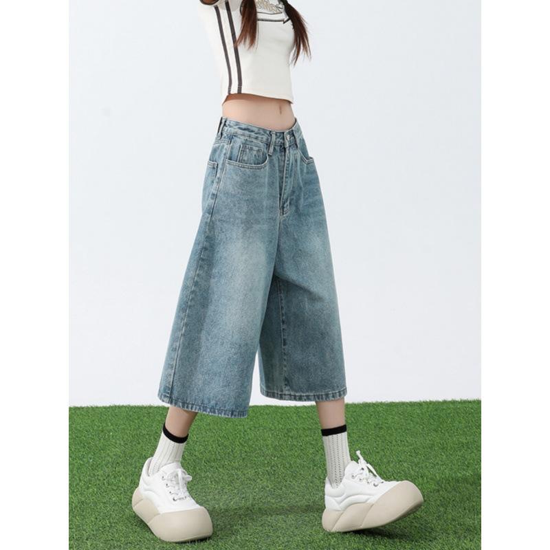 レディース デニムパンツ 夏用 薄手 ハイウエスト 細見え ストレート ワイドレッグ 七分丈 ライトカラー ゆったり 大きめサイズ カジュアル デニム素材 伸縮性