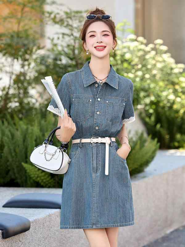 ワンピース デニム 短袖 レディース 収腰 中長丈 小柄向け 夏 レトロ スタイルアップ 軽量 伸縮性 普段使い 通勤 コーデ｜北摂軽太郎便