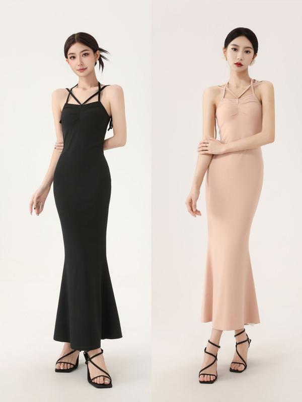 ワンピース レディース 春夏 モダル生地 セクシー スリムフィット キャミソール バックレス リボン紐 シンプル スタイリッシュ 日常使い 軽量 伸縮性 通勤 デート 合わせやすい